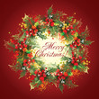 Christmas holly wreath on a burgundy background.