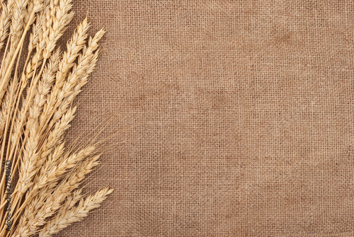Photo: Wheat ears border on burlap background Wheat ears border on burlap background
