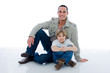 Foto: Man with one Boy smiling on white background, Man with one Boy smiling on white background,