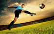 Happiness football player on field of olimpic stadium on sunrise Happiness football player on field of olimpic stadium on sunrise