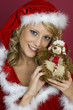 Frau mit Santa Claus Kleidung und Teddy.