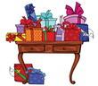 Retro desk with a pile of gifts