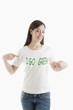 Young woman wearing 'I go green' tshirt