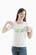 Young woman wearing 'I go green' tshirt