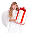Angel child  with gift box. Isolated.