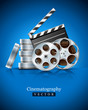 cinema clapper and video film tape on disc
