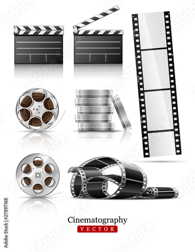 Vector: set of objects for cinematography clapper and film tape set of objects for cinematography clapper and film tape