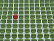 One red seat in rows of empty, green stadium seats