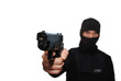 Man wit a hood aiming a gun on a white isolated background