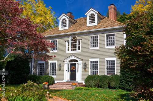 Photo: Suburban Single Family House Georgian Colonial Revival Autumn Suburban Single Family House Georgian Colonial Revival Autumn