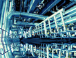Industrial zone, Steel pipelines in blue tones with reflection