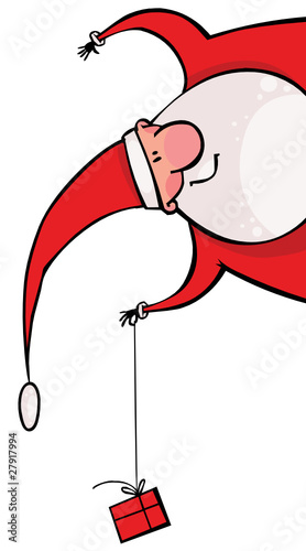 Vektor: Santa with a gift hanging upside down Santa with a gift hanging upside down