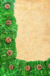 Christmas frame with Pine needles and cones on paper textures Christmas frame with Pine needles and cones on paper textures