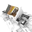 House with exposed roof layers and plans