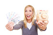 Frau jubelt mit Geld Frau jubelt mit Geld