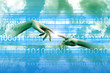 Illustration: michelangelo's hands on a technological background michelangelo's hands on a technological background