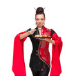 Attractive woman in traditional dress with sushi, isolated