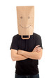 man with smiling ecological paper bag on head