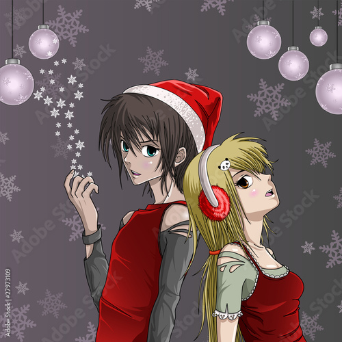 Cute Anime Backgrounds on Photo  Cute Santa Girl And Boy With Snowflake Background   Anime Style