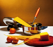 Photo: spaghetti, eggs and cheese on table spaghetti, eggs and cheese on table