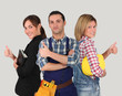 Group of young workers on white background