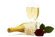 sektgläser mit roter und cremfarbener rose vor flasche sekt