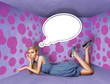 surprised blonde in blue dress with thought bubble