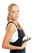 young woman with overalls on