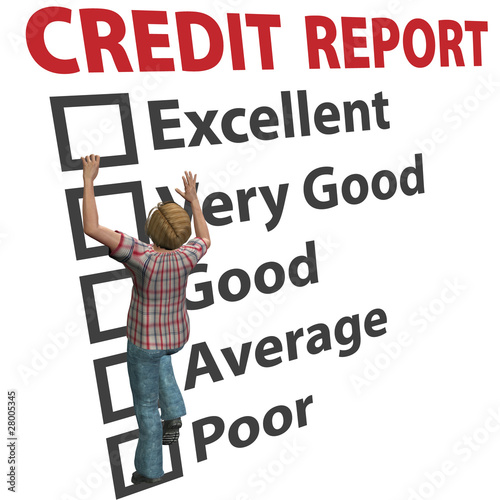 Illustration: Woman builds up credit report score rating Woman builds up credit report score rating