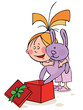 Vektor: Girl in pajamas opens a Christmas gift with funny bunny Girl in pajamas opens a Christmas gift with funny bunny
