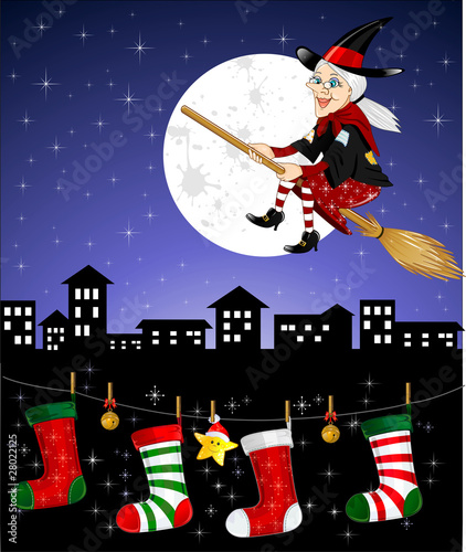Vektor: Befana con calze in città Befana con calze in città