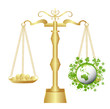Illustration of earth and gold in balance concept scale