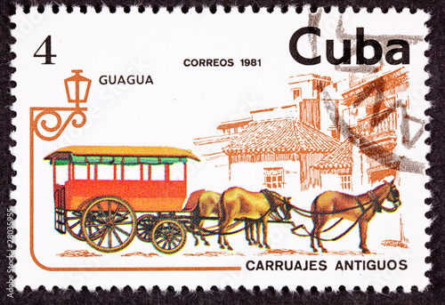 Photo: Cuban Postage Stamp Horse Team Pulling Passenger Street Car Cuban Postage Stamp Horse Team Pulling Passenger Street Car