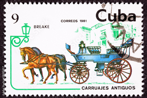 Photo: Cuban Postage Stamp Horse Team Pulling Break, Brake Carriage Cuban Postage Stamp Horse Team Pulling Break, Brake Carriage