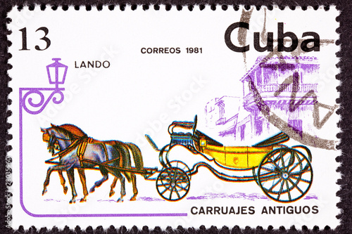 Photo: Postage Stamp Horse Team Pulling Convertible Landau Carriage Postage Stamp Horse Team Pulling Convertible Landau Carriage