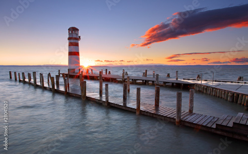 Lighthouse at Lake Neusiedl at sunset