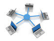 rendered concept of a star network topology with laptops