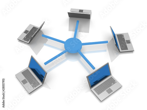Illustration: rendered concept of a star network topology with laptops rendered concept of a star network topology with laptops