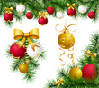 Set of festive decorations with baubles, bows and fir branches