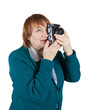 woman taking photo with vintage camera