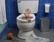 Photo: Hand reaches up through the seat from out of a toilet. Hand reaches up through the seat from out of a toilet.