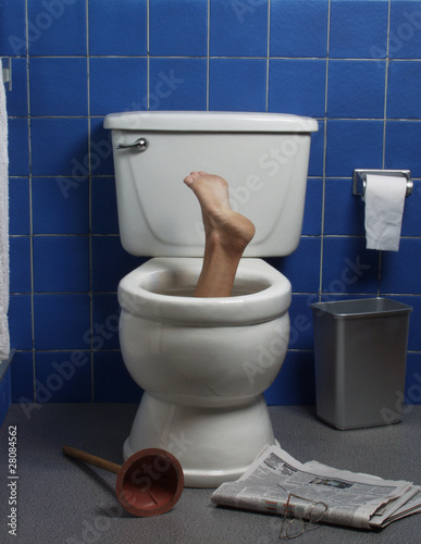 Photo: Foot reaches up through the seat from out of a toilet. Foot reaches up through the seat from out of a toilet.