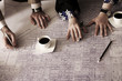 architects designing on blueprint at office with tea