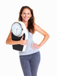 Happy woman holding a scale