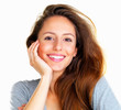 Cheerful woman resting face on hand