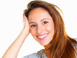 Happy woman resting with her head on hand