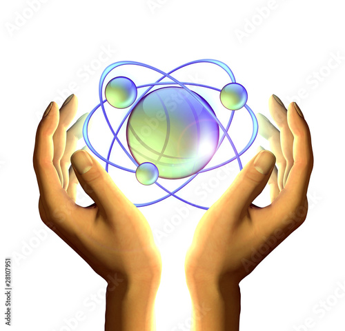 Illustration: hands with atom model hands with atom model
