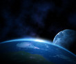 Planet earth with sunrise and moon in space Planet earth with sunrise and moon in space