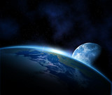 Planet earth with sunrise and moon in space - Fine Art prints
