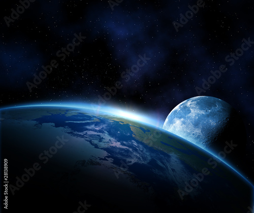 Foto: Planet earth with sunrise and moon in space Planet earth with sunrise and moon in space